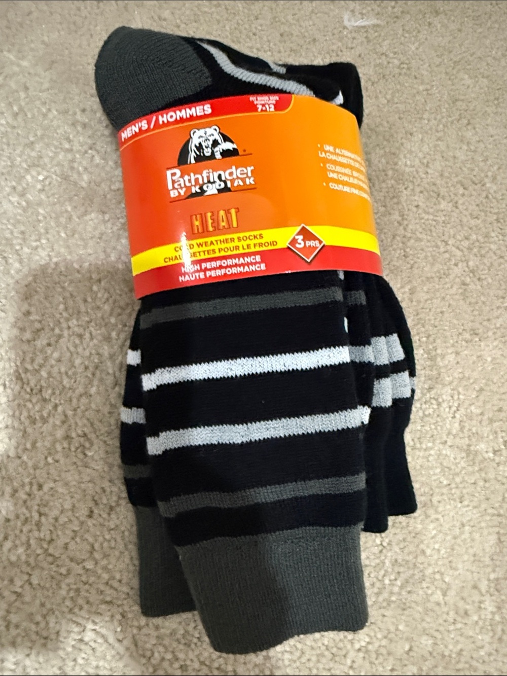Kodiak Men's Heat Crew Socks - Black, Gray & White Stripes (2 of 3 pack!)